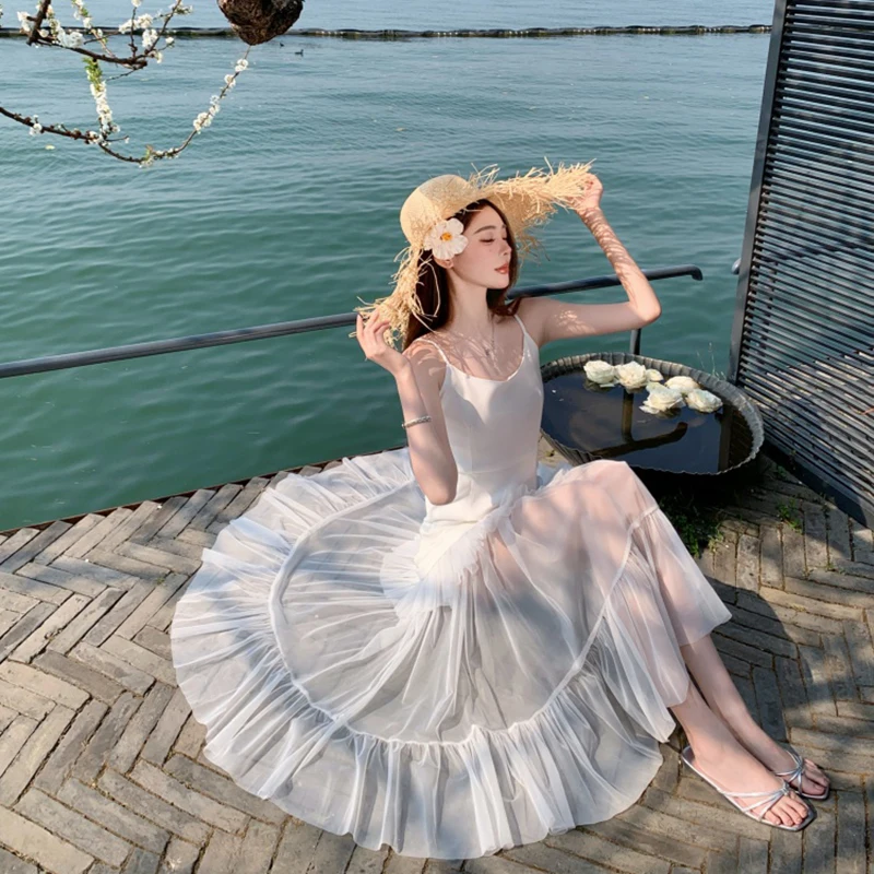 Black Mesh Patchwork Camis Dress Women Korean Fashion Sexy Party Dress Summer Harajuku Slim All Match Spaghetti Strap Vestidos