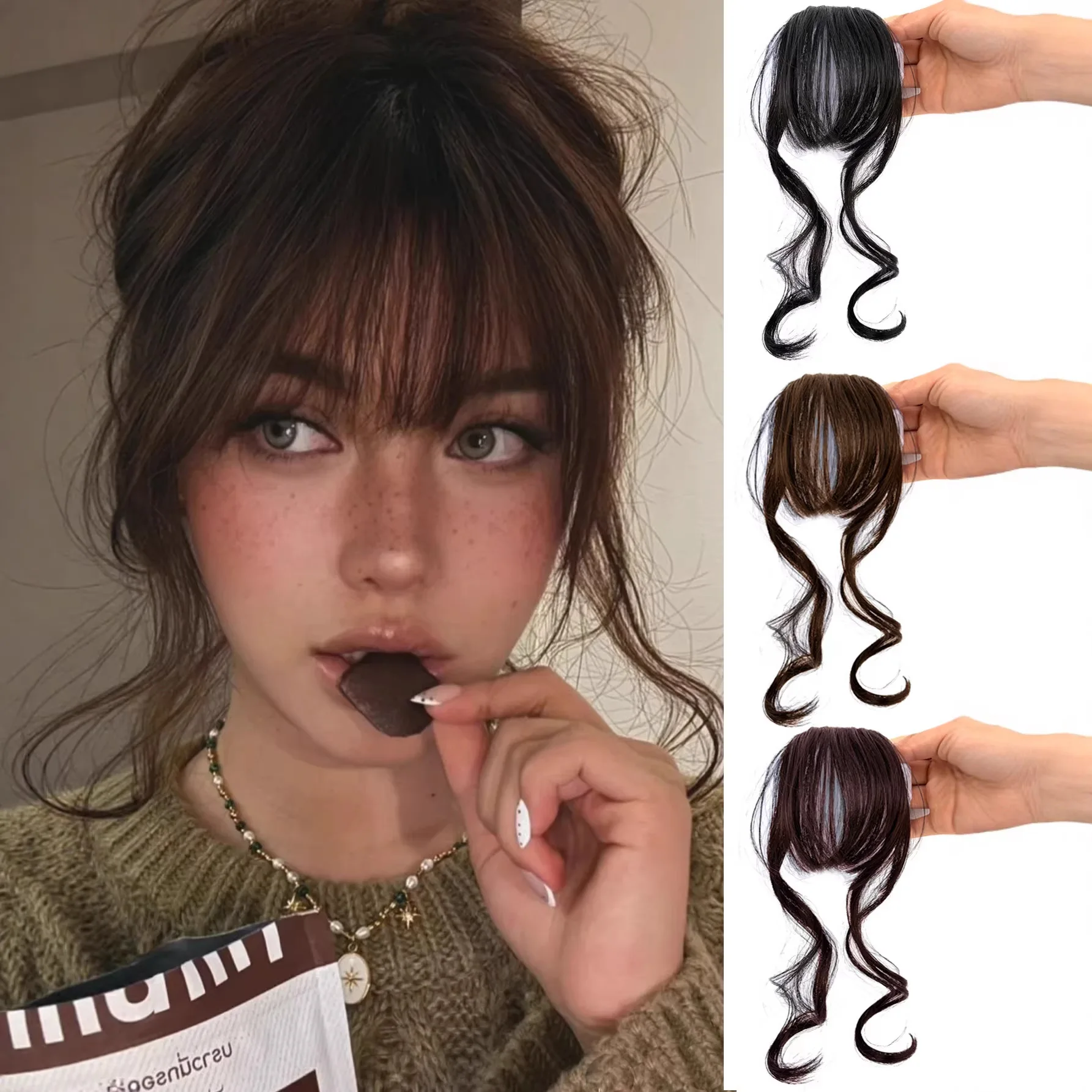 Natural Forehead Hairline Clip on Bangs Curl Air Bangs Synthetic Hairpiece Clip on Front Neat Bangs for Women