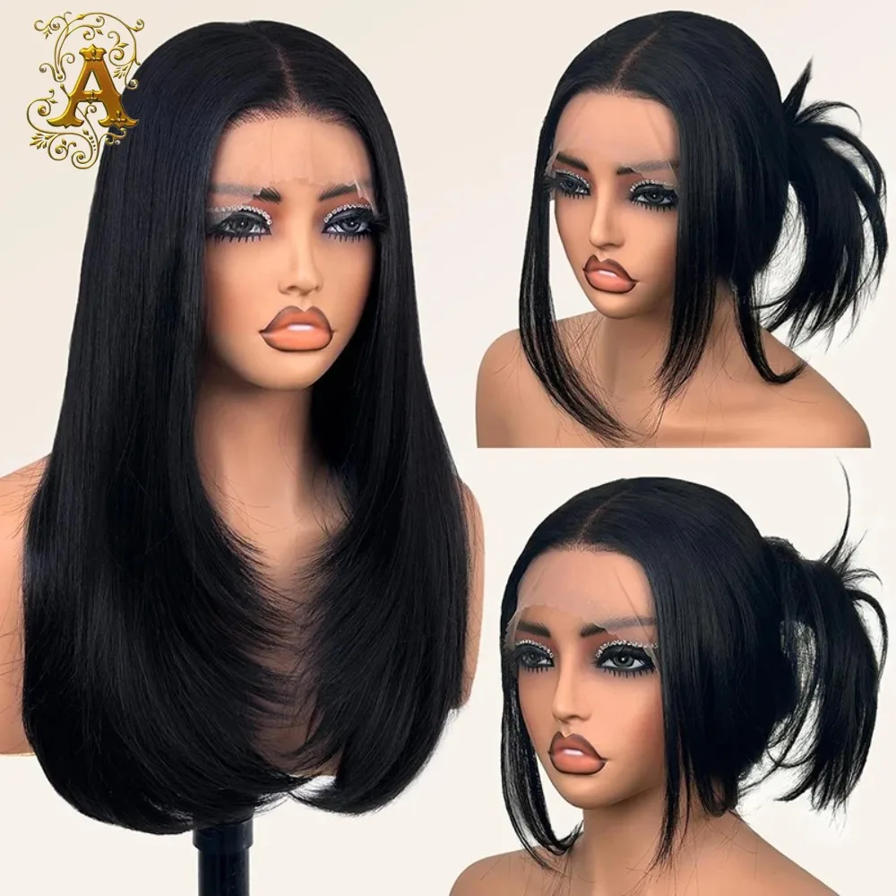 Peluca Larga y Lisa Negra con Encaje Frontal y Raya Central para Mujer, 24 Pulgadas, con Red de Botones, Fibra Química, para Uso Diario, Peluca Completa