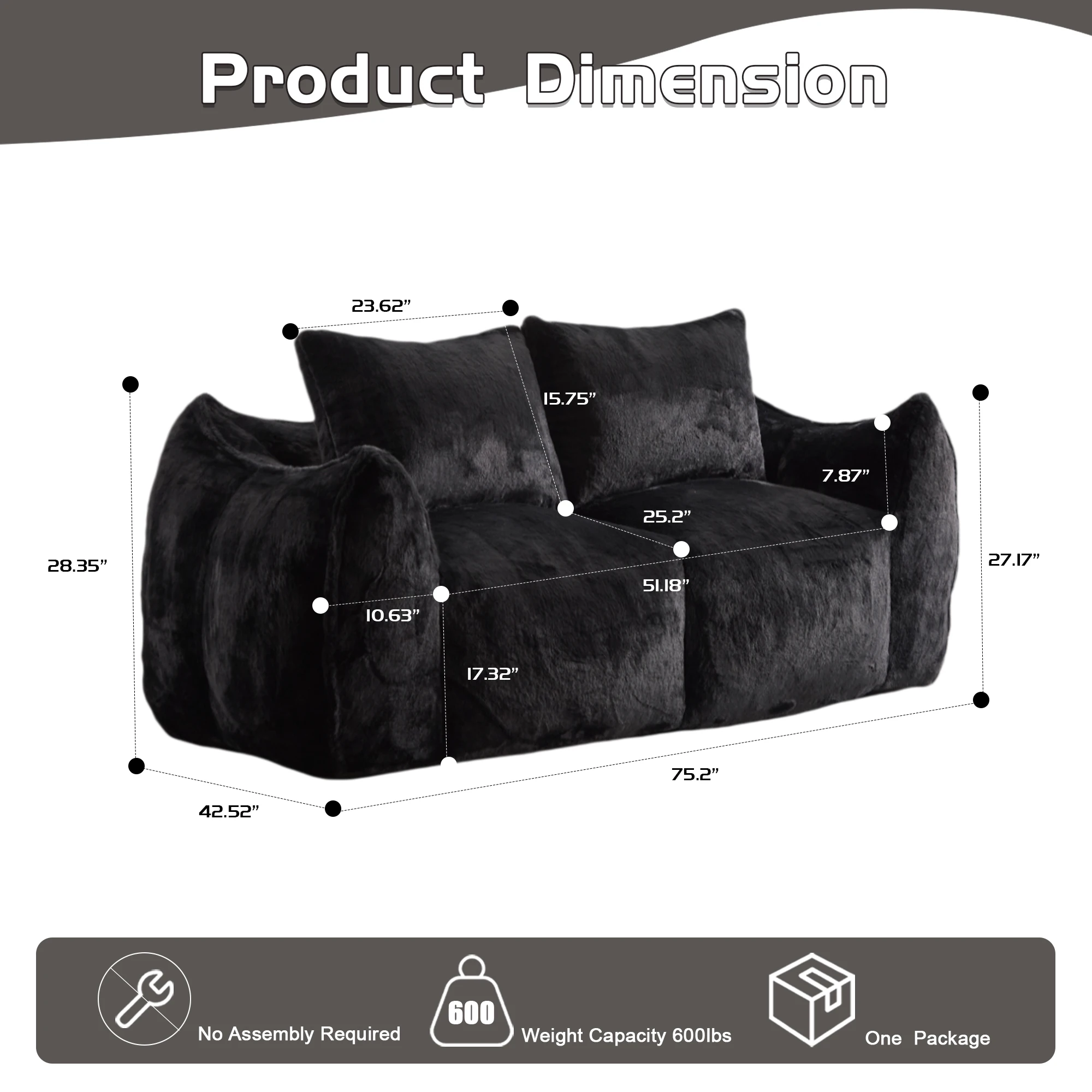 Sofá negro enorme con bolsa de frijol, sillón tipo tumbona de nube, silla gigante con almohada, sofá de dos plazas No necesita montaje