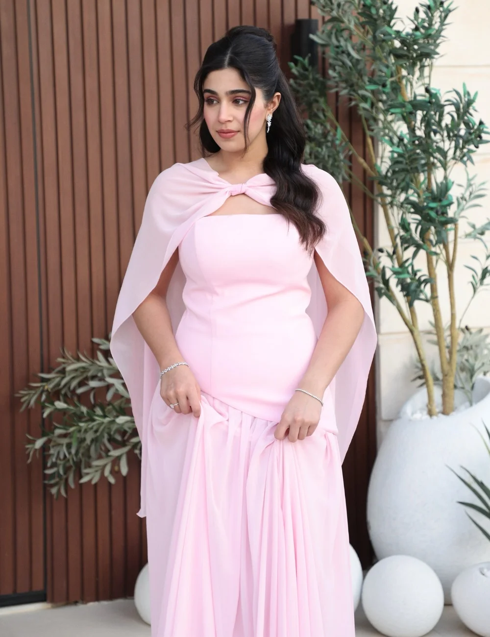 

Customized Pink Simple High Quality Chiffon Pleat Ruched Shawl A-line Strapless Long Dresses Evening Dresses For Birthday Party