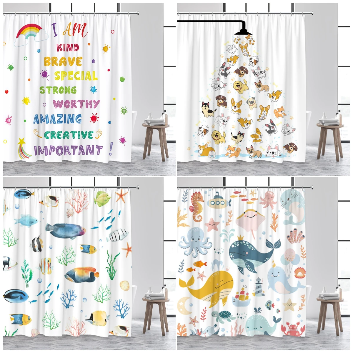 Cartoon Animals Kids Shower Curtains Cute Dogs Pet Ocean Fish Sea Turtle Whale Octopus Child Bathroom Curtain Decor with Hooks