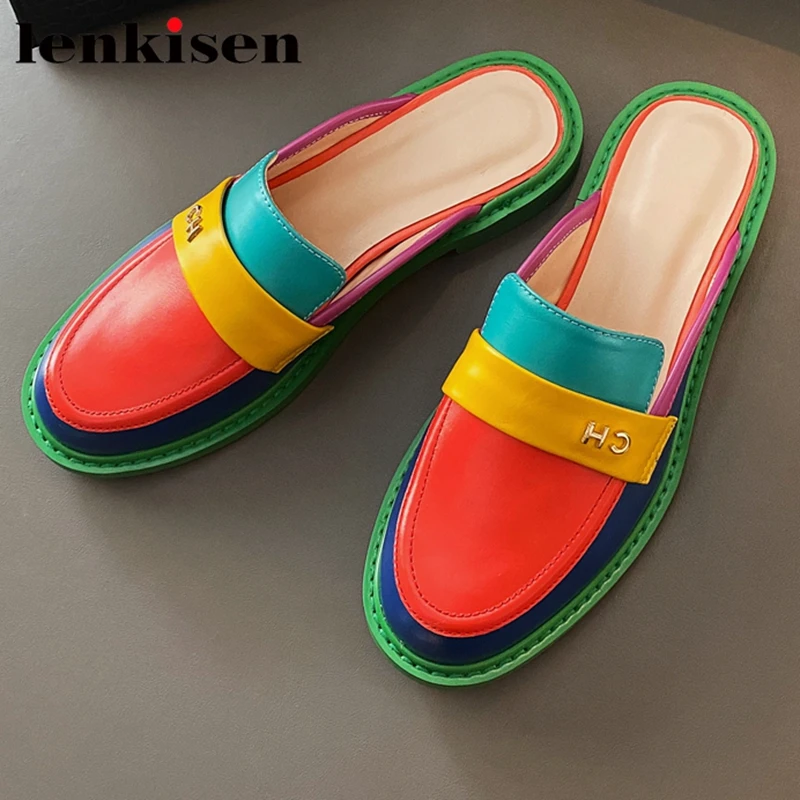 Lenkisen Large Size Cow Leather Round Toe Low Heel Fashion Rainbow Mules Slip on Slingback Summer Brand Women Outside Slippers