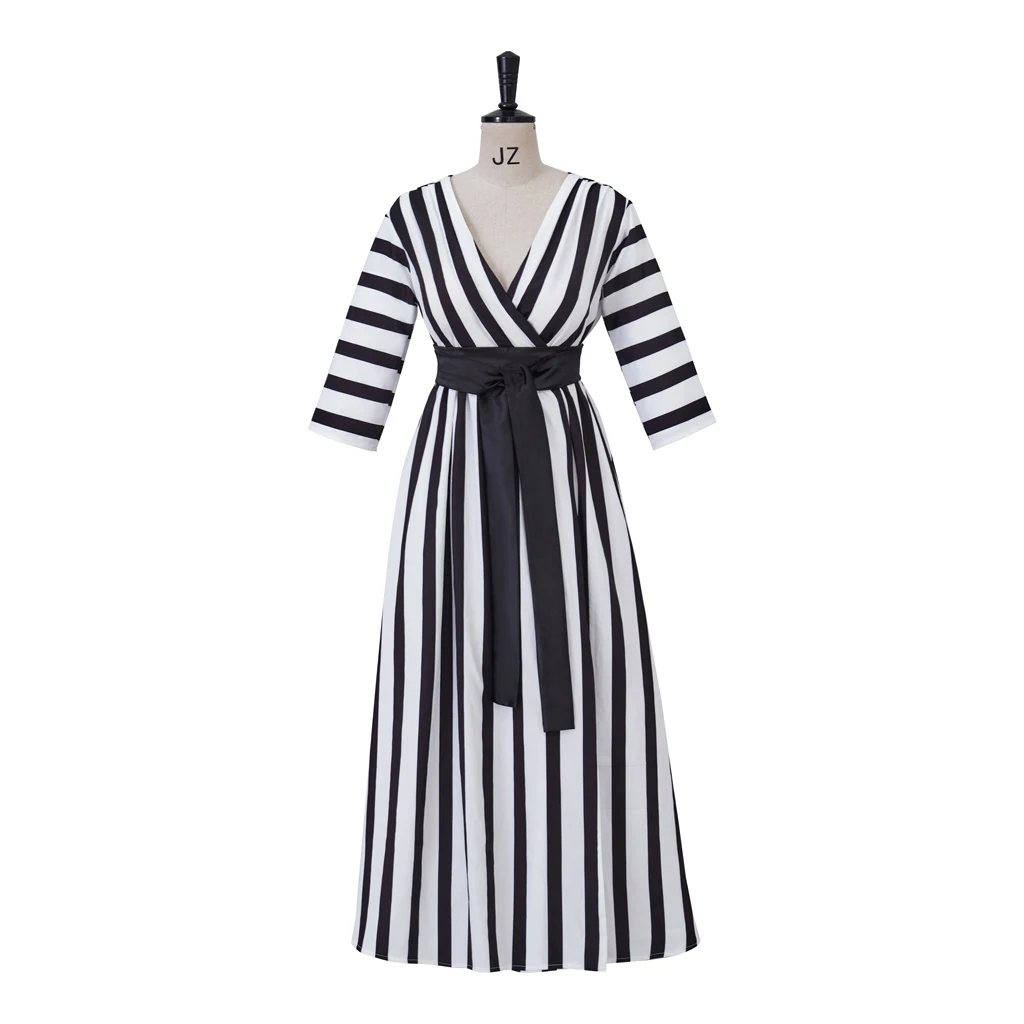 

Women's Victorian Gothic Black and White Stripe Dress Costume High Waistline Robe Dress Halloween Cainival Casual Jacket Dress