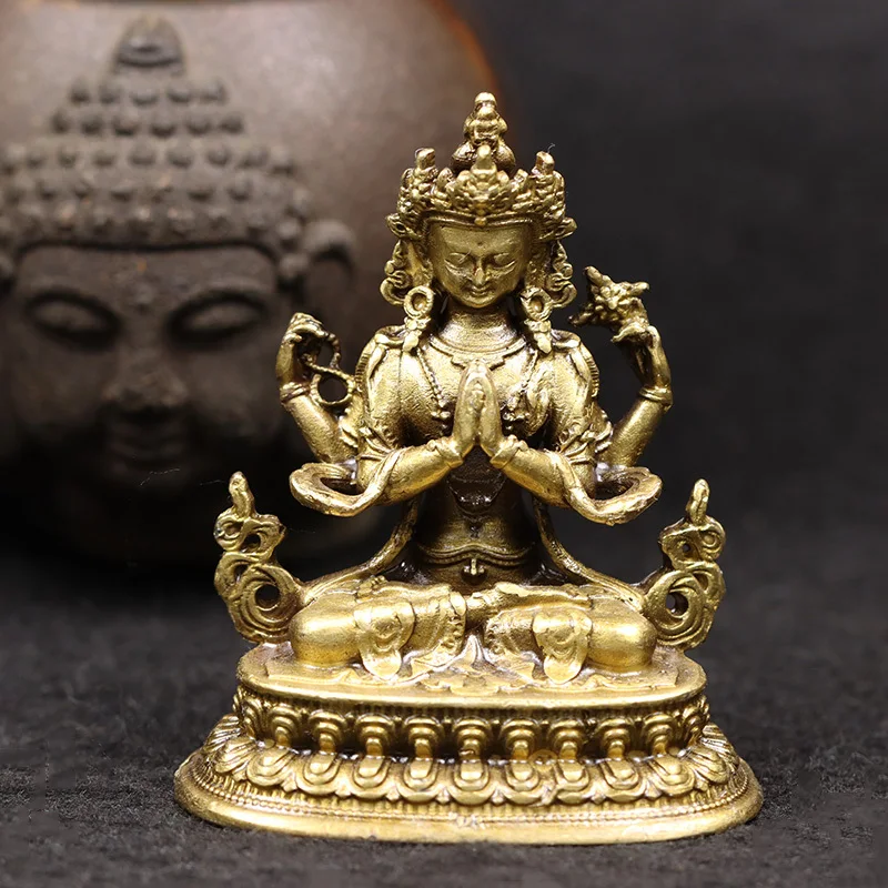 1Pc Antique Four-armed Avalokitesvara Statue Tibetan Patron Saint Figurine Home Decoration Craft