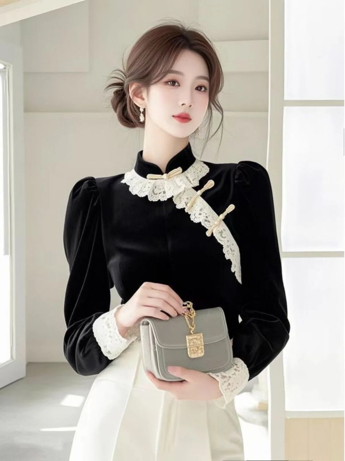 

Velvet Lace Patchwork Long Sve Women's irt Autumn Winter New Sle Slimming Versatile Base Layer irt Korean Sle Commute