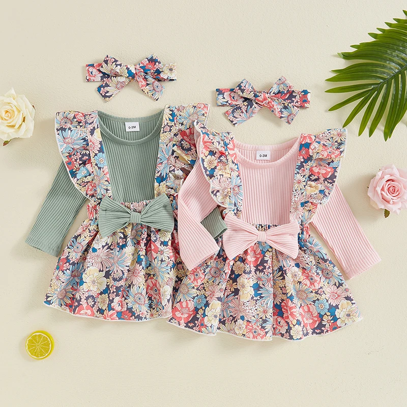 

Toddler Newborn Baby Girl Clothes Set Ruffles Long Sleeve Round Neck Romper Floral Print Bow Overall Skirt Hair Band Outfit