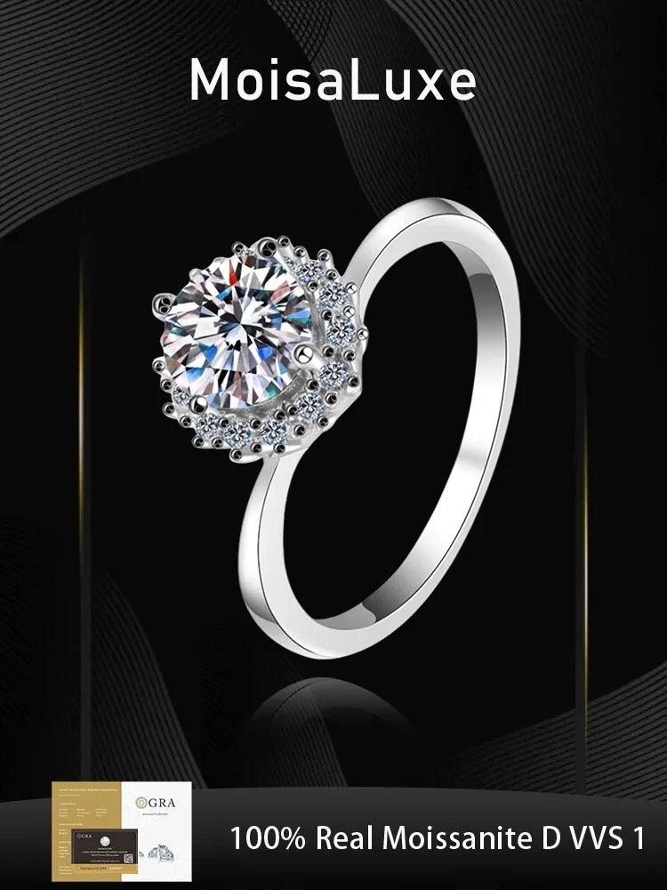 

MoisaLuxe Official Store GRA Moissanite Plata Sterling 925 Silver Ring Women 1 Carat Moissanite Diamond Four-claw Wedding Ring