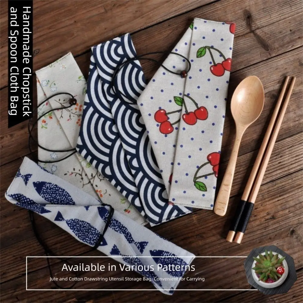 Retro Cotton Linen Cutlery Pouch Japanese Style Portable Utensil Holder Roll-Up Design Cutlery Case Travel Utensil Storage