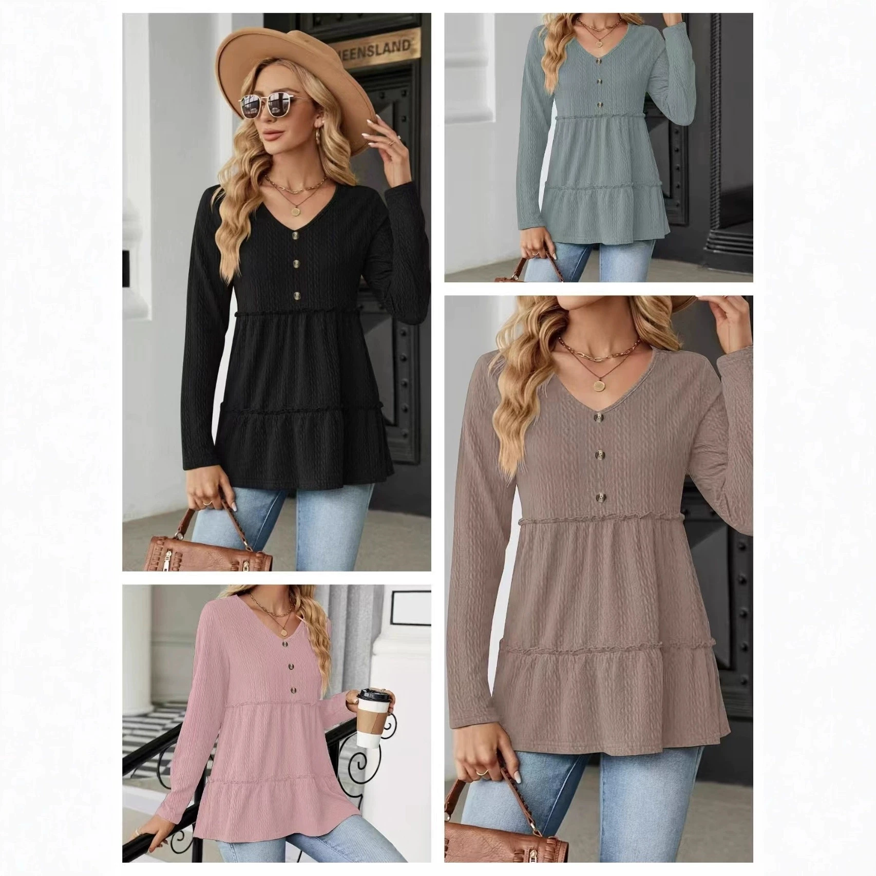 Solid color V-neck button-joined loose long-sleeve T-shirt