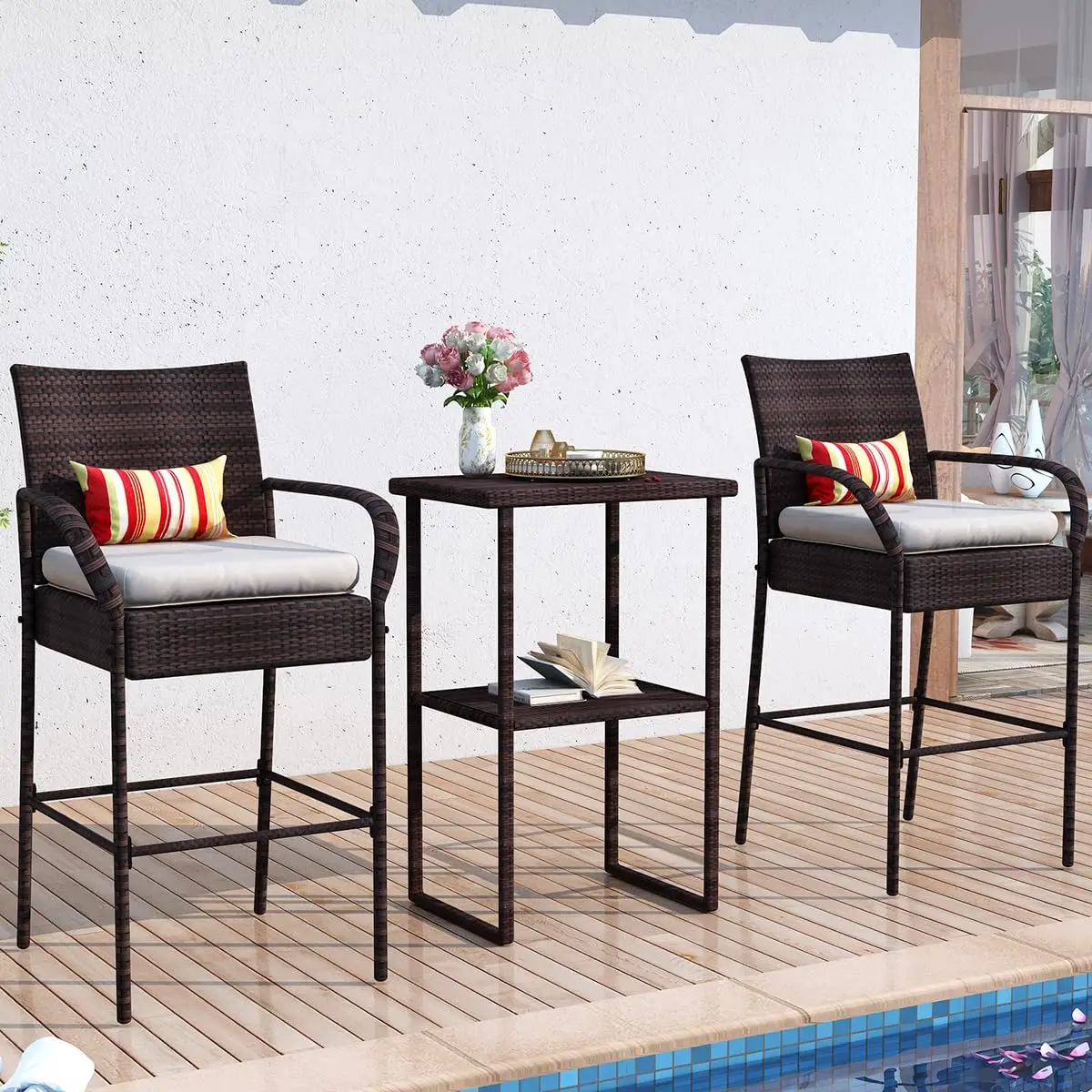 Bar Stools Set of 2,Rattan Bar Stool Wicker Chairs,Patio Bar Height Chair ,Cushion Beige,All-Weather Outdoor Rattan Furniture