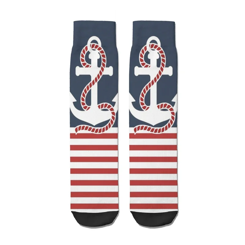 Nautical Red White Stripes Red Anchor Navigation Straight Socks Male Mens Women Summer Stockings Polyester Hip Hop