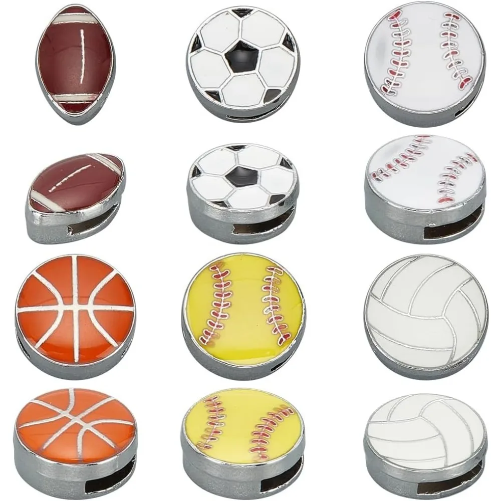 

1 Box 36Pcs 6 Styles Enamel Slide Charm Metal Sports Ball Charms Bulk Alloy Sport Balls Basketball Baseball Football