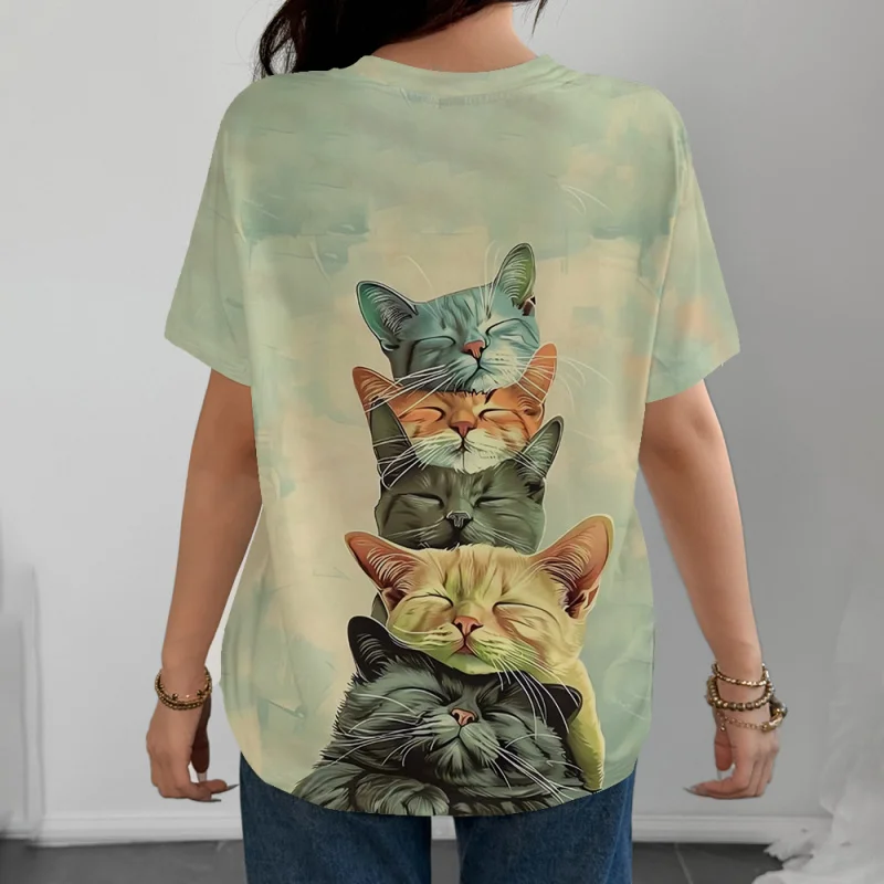 T-shirt d'été à manches courtes pour femmes, imprimé chat 3d, mode tempérament élégant, Streetwear, vêtements féminins populaires