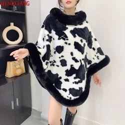 5 Colors Winter Thick Loose Poncho Capes Printed Cloak Women Faux Fur Velvet Long Triangle Pullover Streetwear Shawl Coat