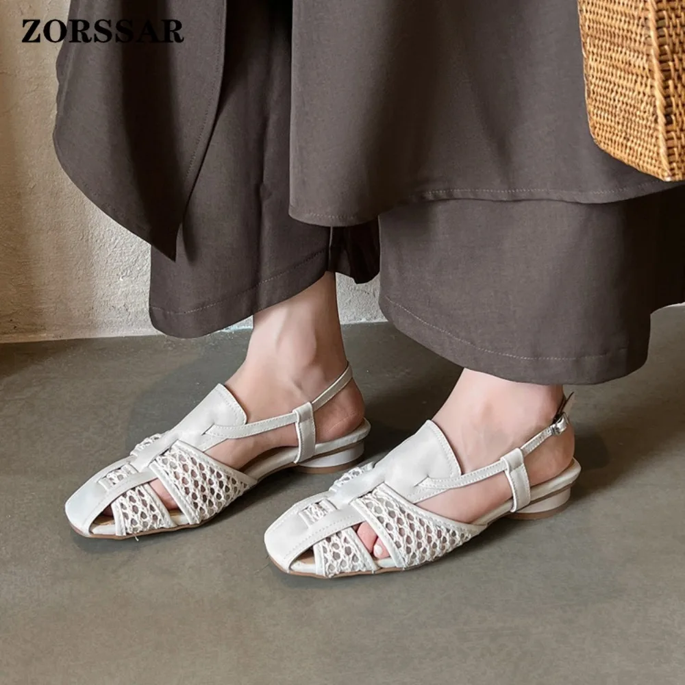 Women's Mesh Woven Closed Toe Sandals Low Heel Slingback Shoes Casual Breathable Summer Gladiator Flats for Ladies Daily Wear