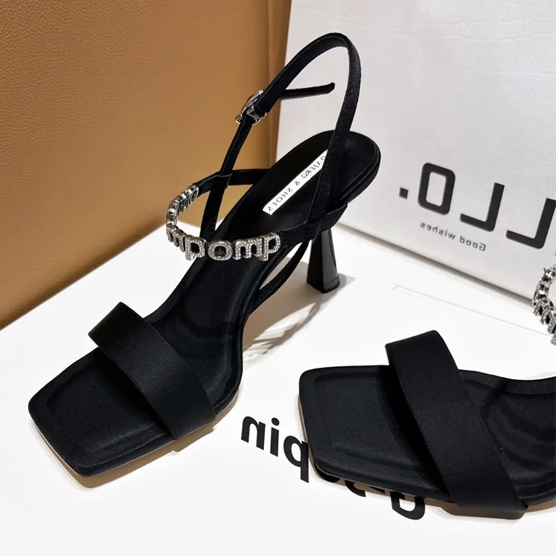 Sexy Square Toe Thin Heeled Sandals Women Summer 2024 Fashion Rhinestone Letter Design Pumps Women Cross Strap Black High Heels