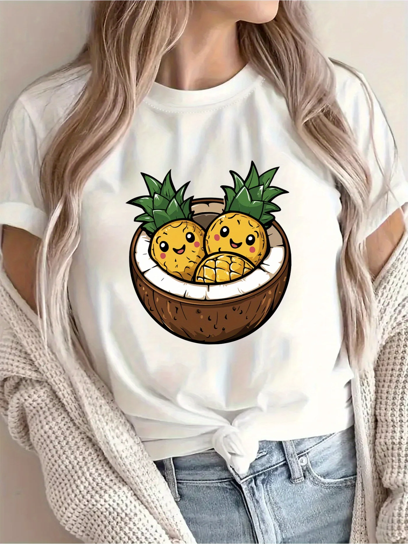 Camiseta con estampado de dicjos animados de piña y coco para mujer pantalón corto غير رسمية de manga corta con cuello redondo