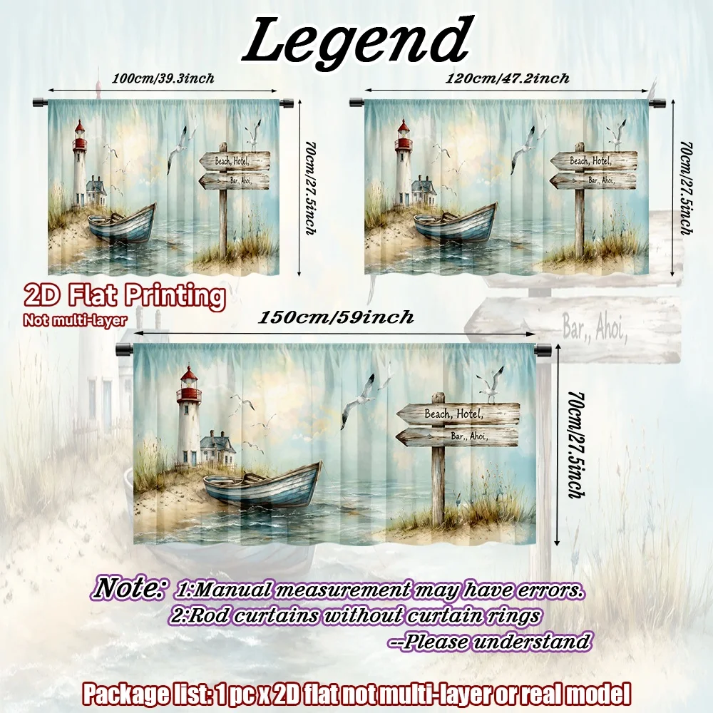 2D flat 1pc Bohemian style short curtains Lighthouse and Seaside Boat Digital printing European Style, Kitchen Curtains,