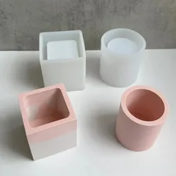 Concrete Square Vase Silicone Mold Round Flower Pot Handmade Plaster Epoxy Resin Pen Holder Cast Home Decoration Candle Cup Mold