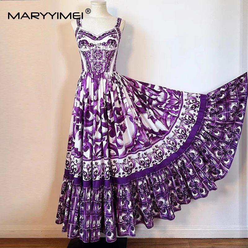 MARYYIMEI カジュアルホリデースタイルの女性のドレススパゲッティストラップバックレスパープルバロックプリントビッグスイングコットンドレス