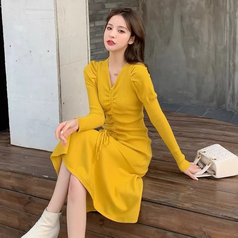 

Woman Slim V-neck Knitted Midi Dress Female Elegant Knitwear Long Sleeve Design Sweater Vestidos Winter Casual Bottom Robe