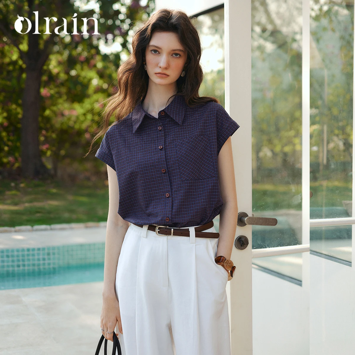 

OLrain Women Vintage Plaid Short Sleeve Shirt 2026 Summer Collared Button-down Loose Slim Casual Breathable Blouse O58XC005996