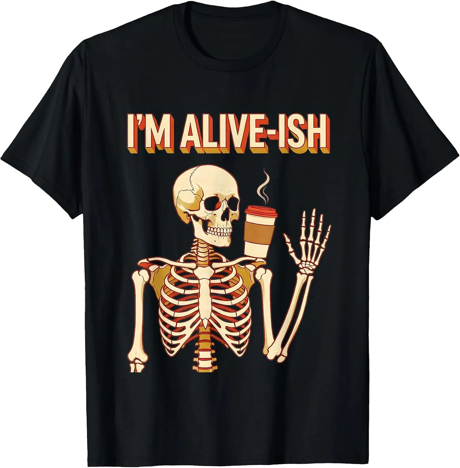 I'm Alive-Ish Funny Skeleton Messy Bun Mom Coffee Humor T-Shirt Men's Spooky Halloween Graphic Print T‑Shirt, Crew Neck Short Sleeve Casual Cotton Tee For Holiday Party Daily Street Wear.