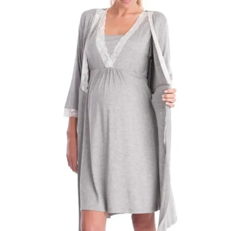 Maternity Dress for Sleep & Lounge with Three Quarter Sleeves Comfortable Lace Patchwork