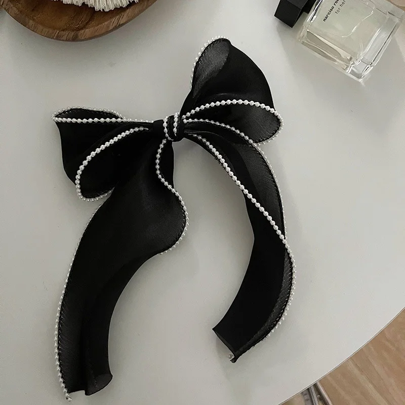 Elegant Pearl Streamer Hair Bows Clips Women Ponytail Hairpin Pearl Rim Mesh Bowknot Grips Barrettes Top Head Headdress Headwear