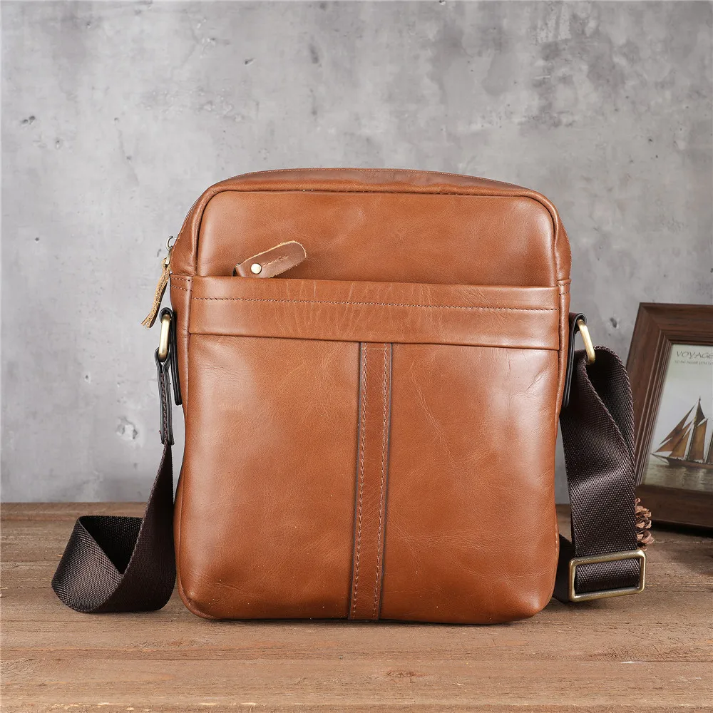 9001 Men's Genuine Leather Single Shoulder Tablet Bag, Retro Oil Wax Top Layer Cowhide Large Capacity Crossbody Bag