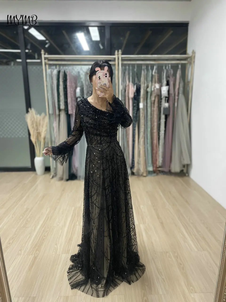 MYMB Muslim Black Sheer Long Sleeves Beaded Formal Occasion Dress 2024 Arabic Gorgerous Illusion Back A-Line Evening Party Gown