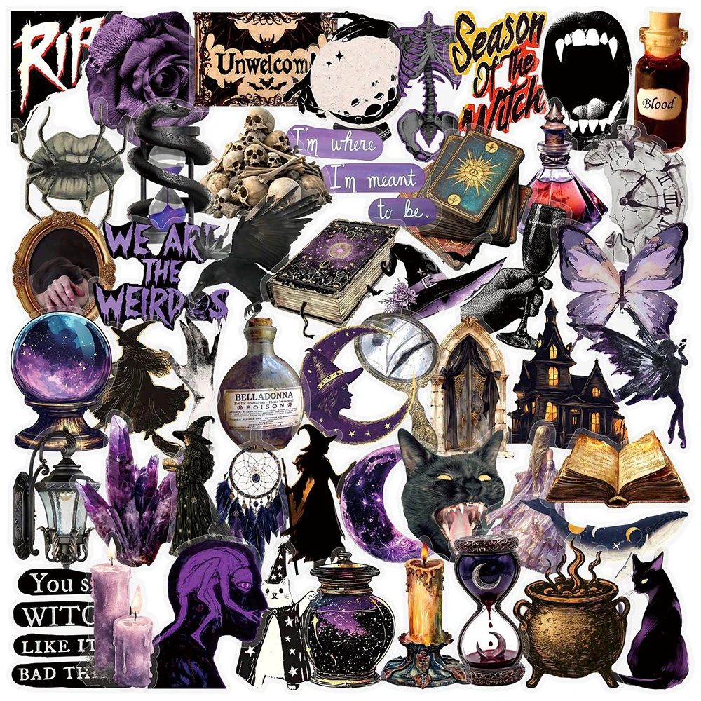 10/30/50pcs Vintage Horror Skeleton Stickers Gothic Magic Witch Purple Transparency Decal for Diary Phone Car Cool Sticker Gifts