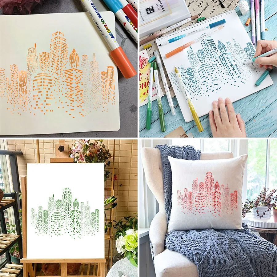 12*12 인치 도시 건물 해골 그림 템플릿, DIY 핸드북 낙서 장식 금형