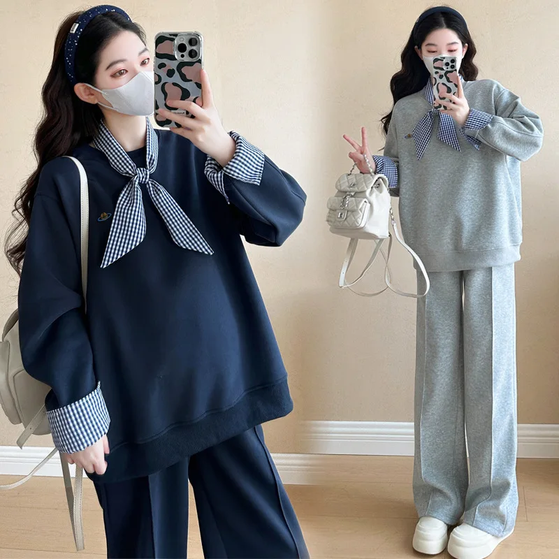 2025 ربيع الخريف مجموعة الأمومة المألوف المتضخم هوديي مع بنطال صالة العصرية حجم كبير الزي الحمل مريح