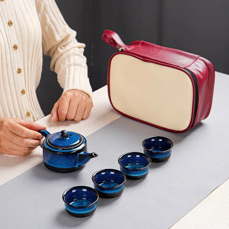 Ceramic Kung Fu Travel Tea Set Set Tianmu Glaze Kiln One Pot Four Cup Outdoor Travel Chinese Tea Set with Tote Bag Portable Gift