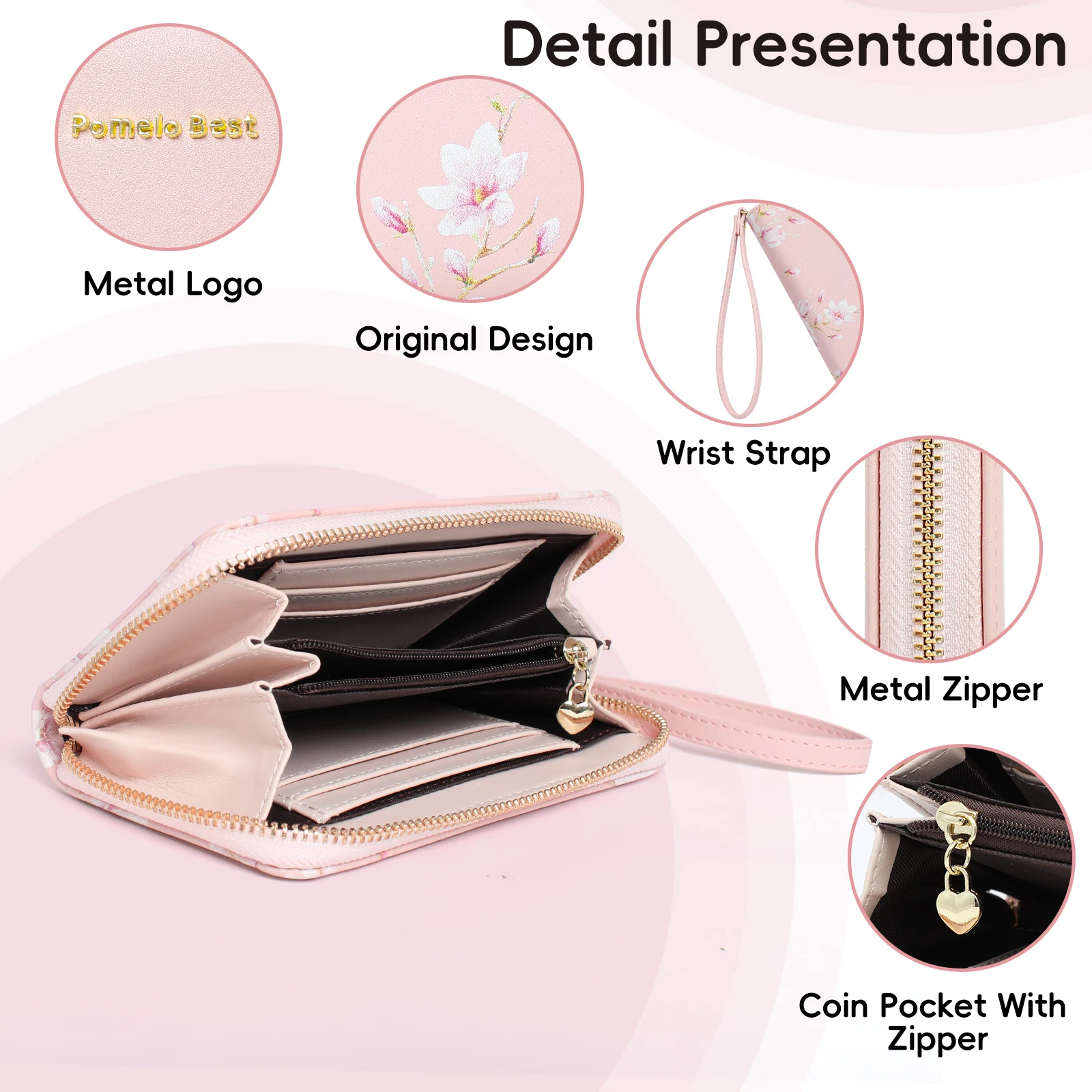 Pomelo Best Women Split Leather Wallet with Zipper Strap Floral Fashion Card Holder Coin Purse Cellphone Bag Female Money Bag