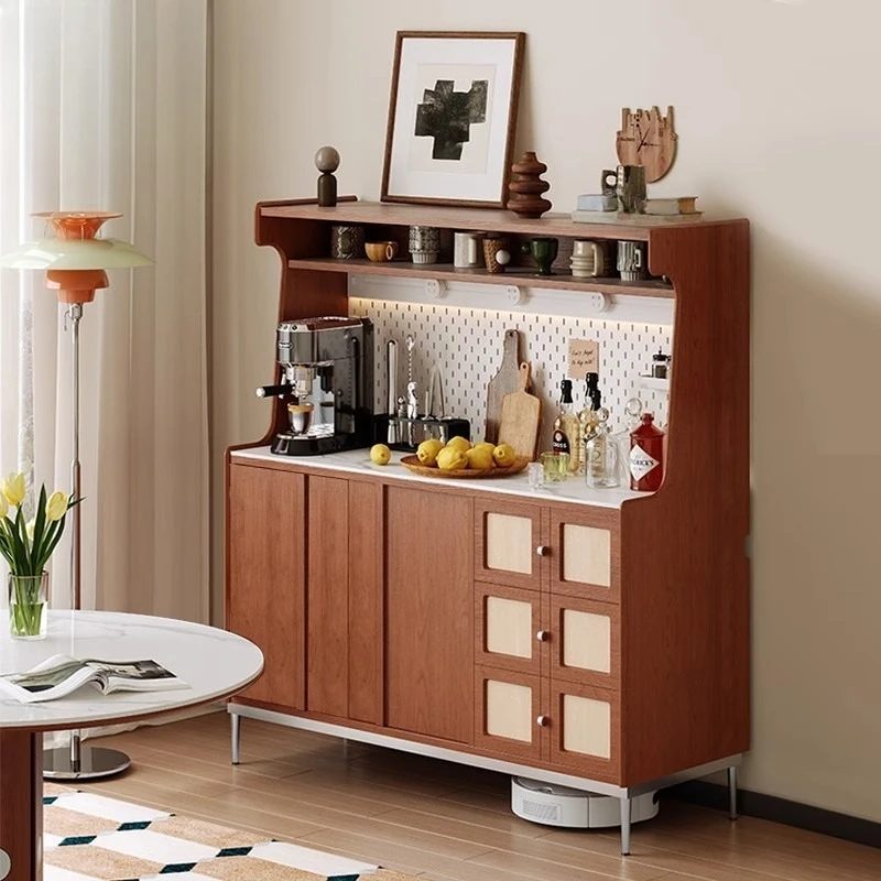 French retro dining side cabinet, small apartment living room wall double-layer locker solid wood tea coffee cabinet
