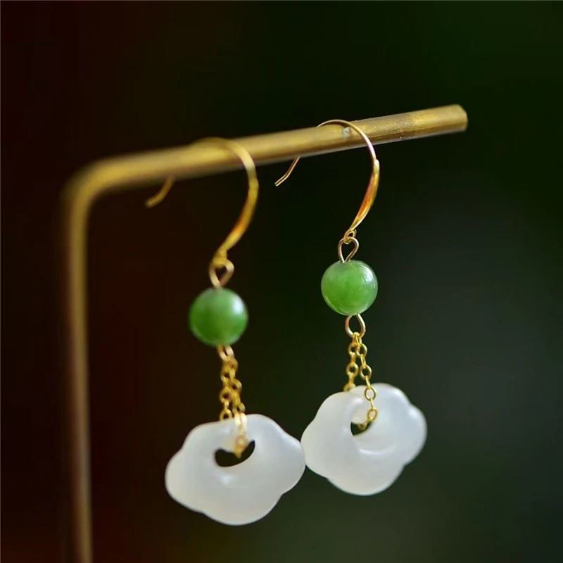 Vintage crafts, new Chinese 18K Hotan Jade Ruyi lock earrings, versatile accessories, auspicious accessories, exquisite gifts