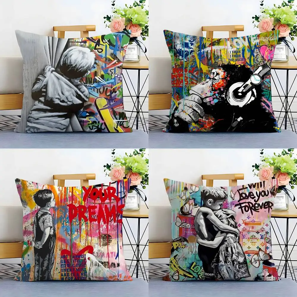 

Banksy Street Graffiti Art Pillow Case Sofa Decorative Home Double-sided Printing Short Plush Cushion Pillow Cover Holiday Gift