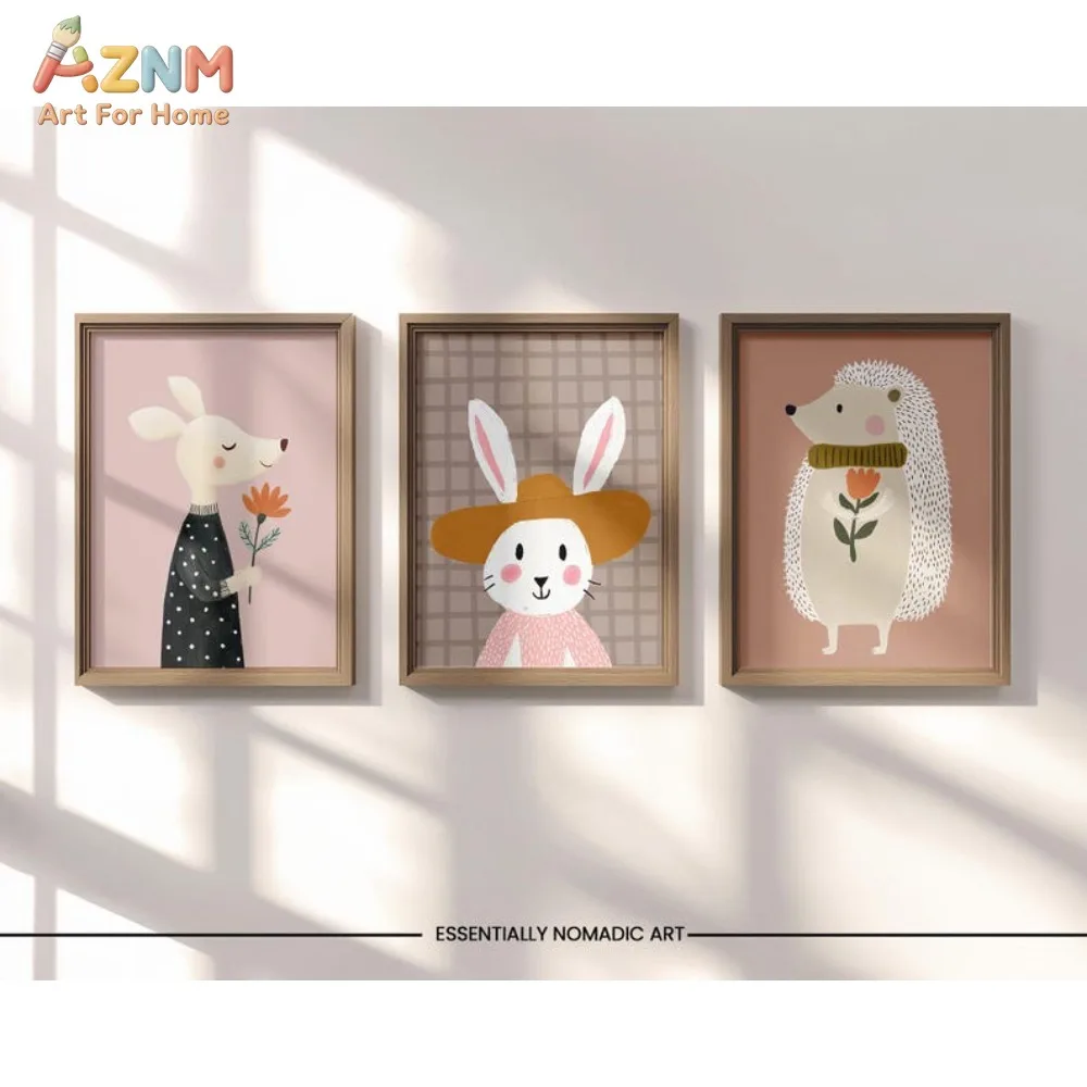 AZNM Watercolor Pink Circus Train Animal Canvas Wall Art, Cute Fox Squirrel Mouse Goose Cartoon Print Poster, Unframed Single Pi