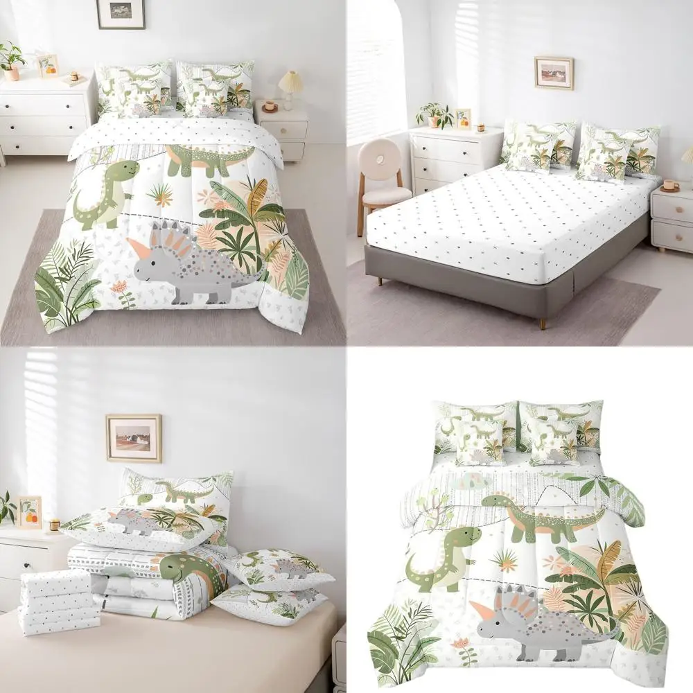 

Полноразмерный комплект постельного белья зеленого динозавра из 7 предметов с простынями для детей, подростков и любителей животных