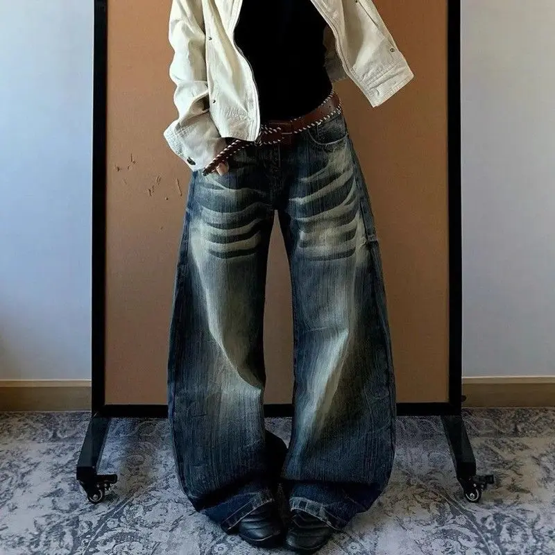 

Deeptown Wide Leg High Waist Boyfriend Jeans Woman Washed Distressed American Style Denim Trousers Overzised Casual Classic