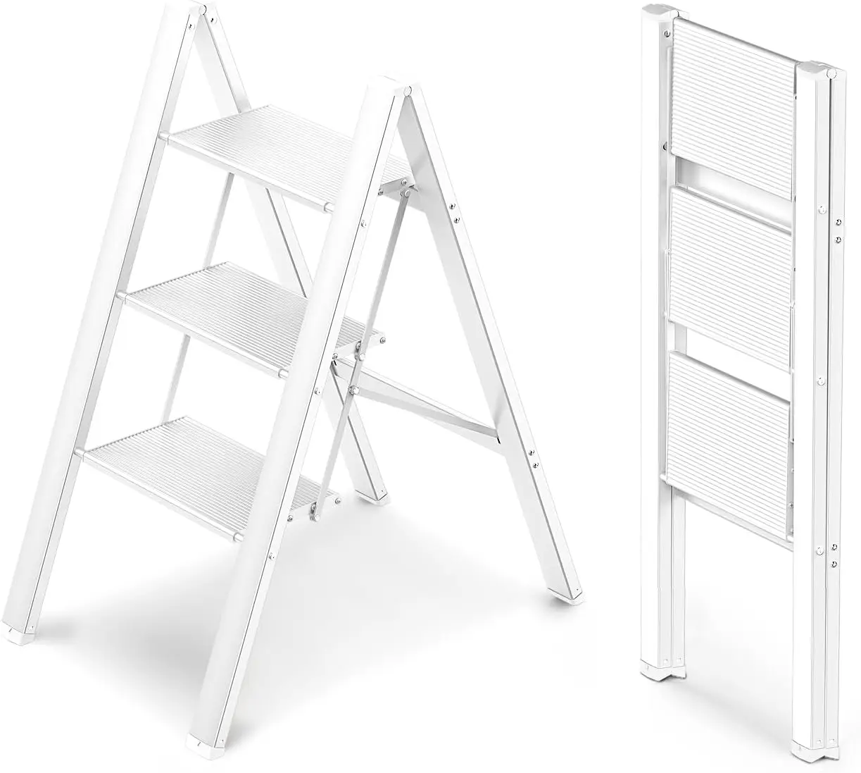 Foldable Step Stool, Lightweight Ladder for Home Kitchen Closet, Anti-Slip Aluminum Pedals, Portable 300lbs Capacity - White