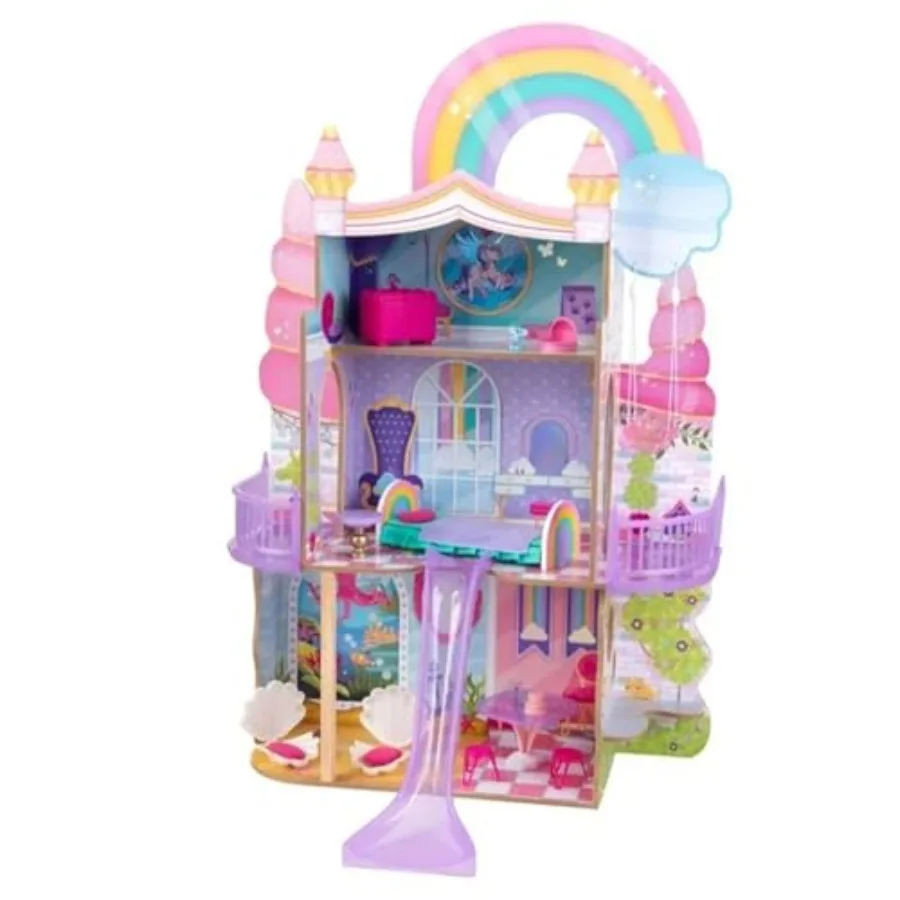 

Dollhouse for imaginative play, crafted from eco-friendly wood, pastel rainbow colors, features EZ Kraft Assembly for quick, to
