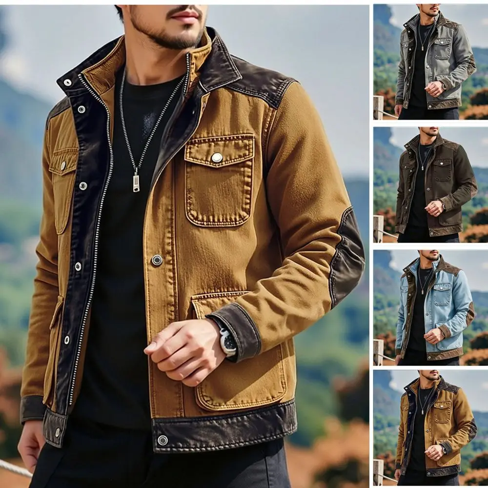 Multi-Pocket Denim Jacket Men's Casual Open Front European Size Outerwear