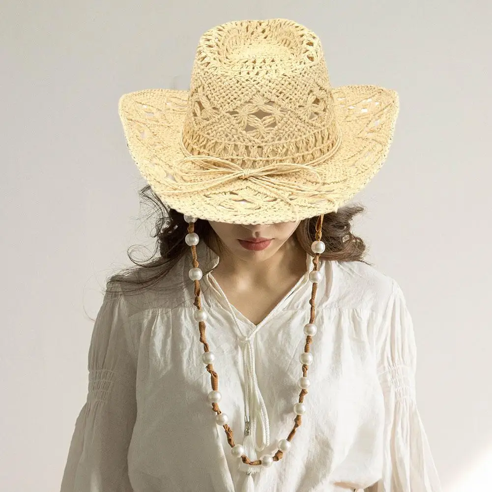 Straw Hat For Women Men Summer Handmade Classic Vintage Hollow Out Western Curled Brim Sun Hat Fishing Hat Climbing CapStraw Hat