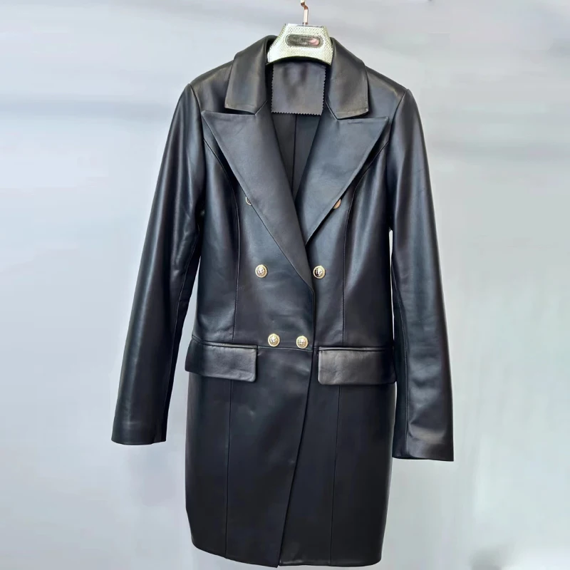 2024 Women Real Leather Jacket Women\'s Belt Trench Coat Autumn Leather Coat Dress Veste Femme