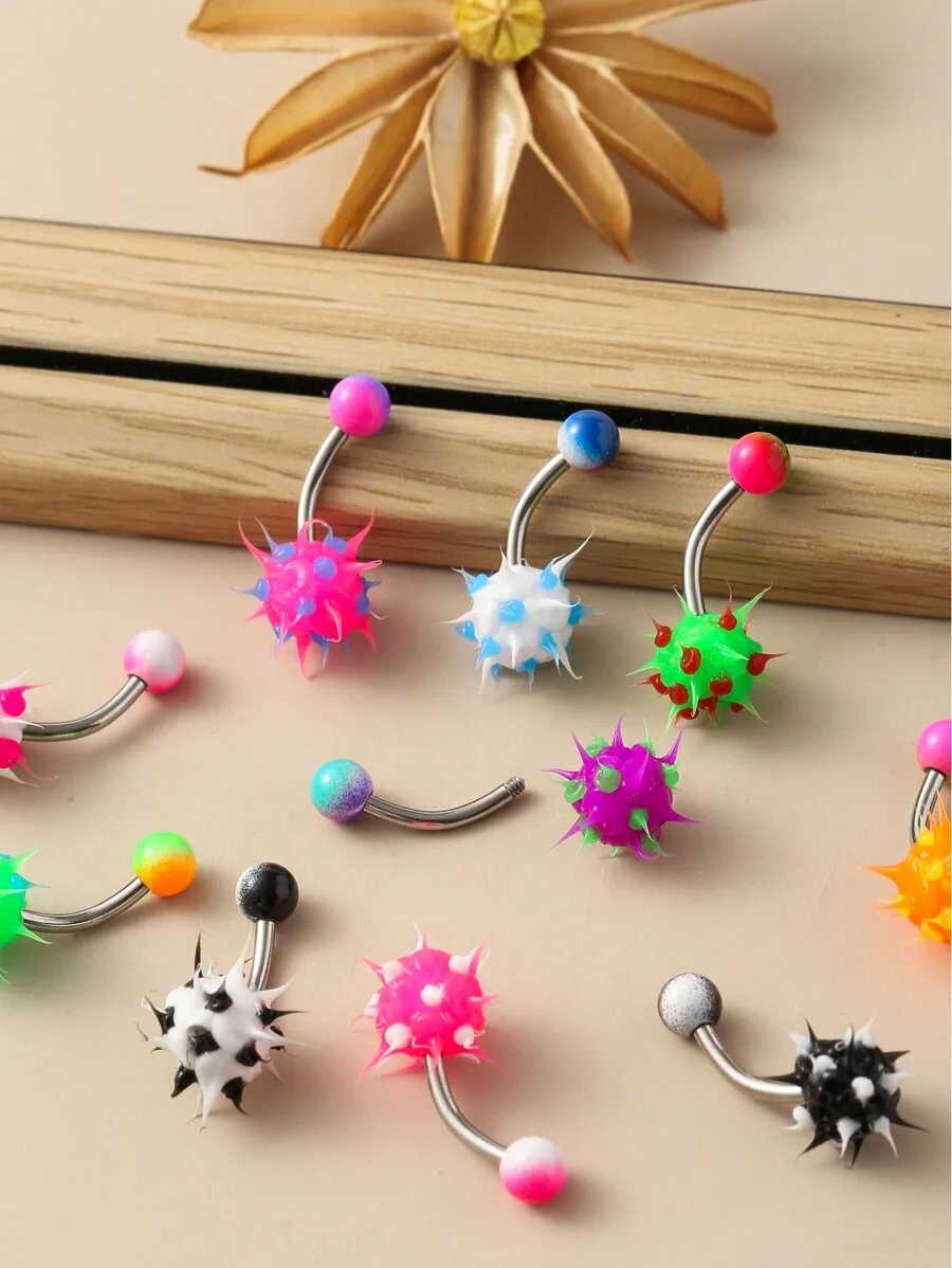 

10Pcs Stainless Steel Belly Rings With Vibrant Spiky Silicone Balls, Hypoallergenic Punk Unisex Navel Jewelry For Everyday Use