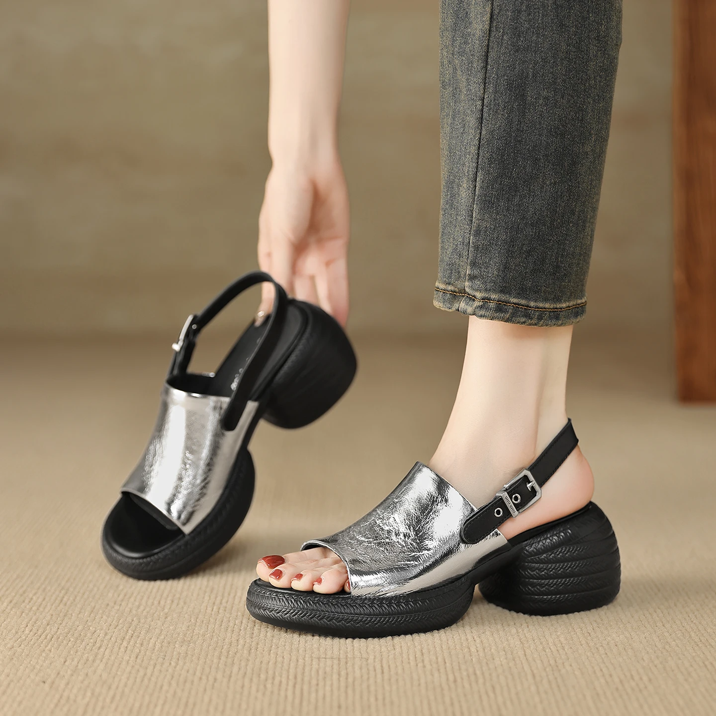 2026 new summer women sandals natural leather 22-25cm sheepskin+pigskin open toe back-buckle high heel women shoes fashion